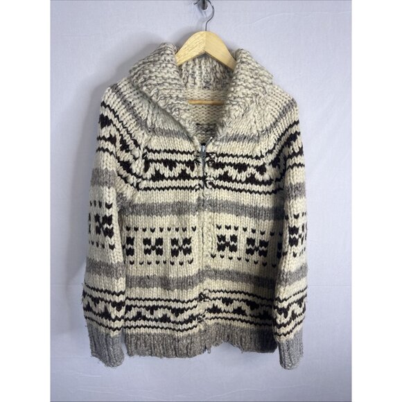 Chunky Cowichan-Style Hand-Knit Zip Cardigan Shawl Collar Men’s S / Women’s M - Picture 1 of 6